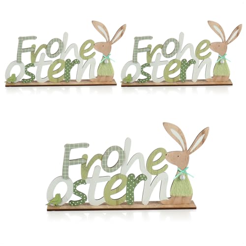 com-four® 3X Deko Aufsteller Frohe Ostern - Schriftzug mit Osterhasen - Osterdeko zum Hinstellen - Osterdekoration aus Holz mit Glöckchen (3 Stück - Hase und Vogel) von com-four