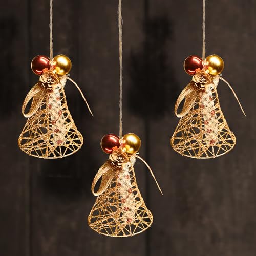 com-four® 3X Deko-Glocke - goldfarbener Tür-, Wand- und Fensterschmuck - glitzernde Weihnachtsdeko zum Aufhängen - Adventsdekoration mit Schleife, Blüte und Kugel (3 Stück Glocke - goldfarben) von com-four