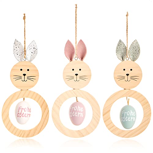 com-four® 3X Dekoaufhänger Ostern - Osterschmuck aus Holz zum Aufhängen - Holzaufhänger Hase mit Osterei - Osterdeko (weiß + pink + blau) von com-four