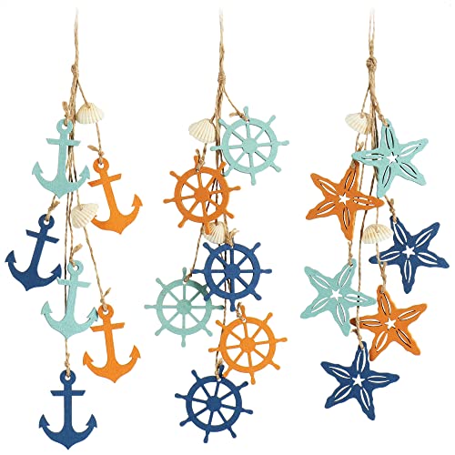 com-four® 3X Hängedeko Maritim - Dekoration zum Aufhängen - Seestern, Anker und Steuerrad aus Holz mit Muscheln - Hängedeko (3 Stück - 38cm) von com-four