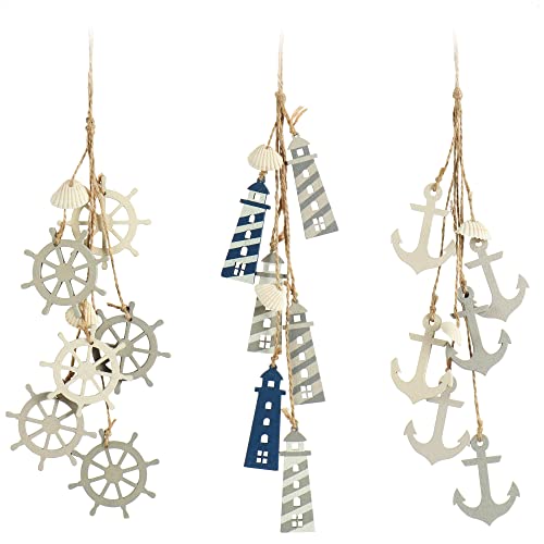 com-four® 3X Hängedeko Maritim - Dekoration zum Aufhängen - Steuerrad, Anker und Leuchtturm mit Muscheln - Hängedeko aus Holz (3 Stück - grau/weiß/blau) von com-four
