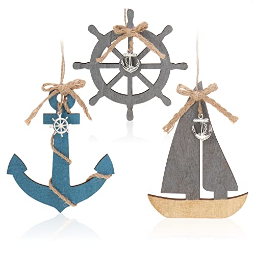 com-four® 3X Hängedeko mit Boot, Steuerrad und Anker aus Holz - Schifffahrt Deko zum Aufhängen - Maritime Hängedeko für zu Hause von com-four