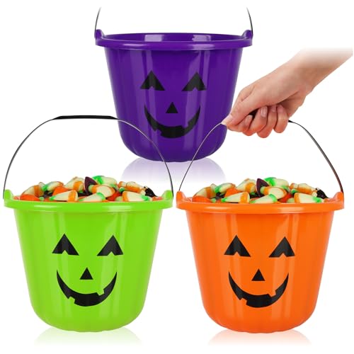 com-four® 3X Halloween Kürbis Eimer - Candy Bag, Kunststoff-Eimer im Kürbis Design zum Sammeln von Süßigkeiten - Sammeltasche mit Henkel für Halloween Süßigkeiten von com-four