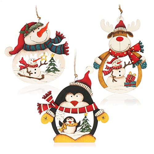 com-four® 3X Holzanhänger für den Weihnachtsbaum - Christbaumschmuck aus Holz - Holzverzierung Weihnachtsdeko mit DREI Motiven von com-four