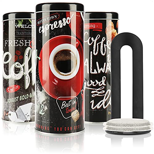 com-four® 3X Kaffeepaddose und 1x Padheber - Metalldose für Kaffeepads - Aufbewahrungsbehälter mit Deckel für Kaffee, Tee, Kekse - Blech-Dekodose im modernen Vintage-Design (4-TLG Set - schwarz) von com-four