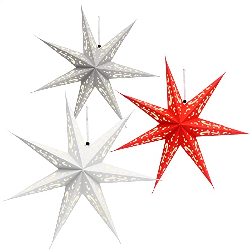 com-four® 3X Leuchtstern in 3D mit LEDs - Weihnachtsstern mit LED Beleuchtung und Timer - Premium Papierstern zum Aufhängen von com-four