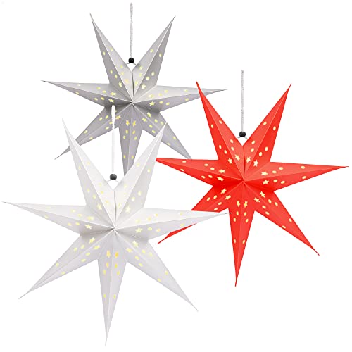 com-four® 3X Leuchtstern in 3D mit LEDs - Weihnachtsstern mit LED Beleuchtung und Timer - Premium Papierstern zum Aufhängen von com-four