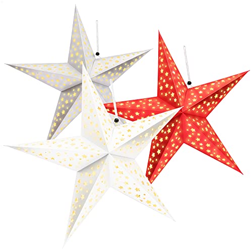 COM-FOUR® 3X Leuchtstern in 3D mit LEDs - Weihnachtsstern mit LED Beleuchtung und Timer - Premium Papierstern zum Aufhängen von com-four