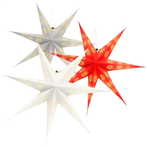COM-FOUR® 3x Leuchtstern in 3D mit LEDs - Weihnachtsstern mit LED Beleuchtung und Timer - Premium Papierstern zum Aufhängen von com-four