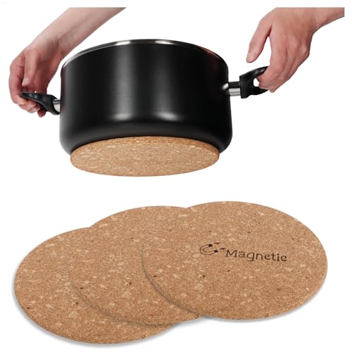 com-four® 3X Magnetischer Topf-Untersetzer - Hitzeschutz-Unterlage aus Kork - runde Untersetzer für Töpfe und Pfannen Ø 21cm - hitzebeständige Korkuntersetzer von com-four