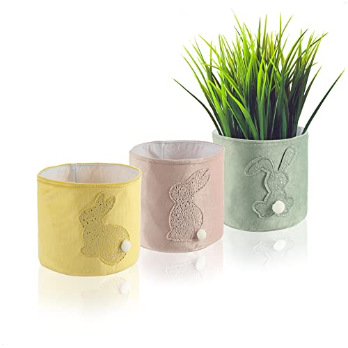 com-four® 3X Oster-Übertopf - Osternest mit Osterhase zum Verschenken - niedliche Geschenkkörbchen mit Oster-Motiv - Ø 12cm (grau - rosa - gelb) von com-four