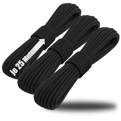com-four® 3X Paracord Schnur Ø 4 mm, 75 m - Seil mit 7 Kern Strängen für Boot, Camping, Outdoor - Nylonseil mit 250 Kg Tragkraft (3 Stück - schwarz) von com-four