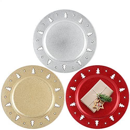 com-four® 3X Platzteller Glitzern mit Motivrand - Wiederverwendbare Unterteller als Tischdekoration - Dekoteller - Ø 33 cm von com-four