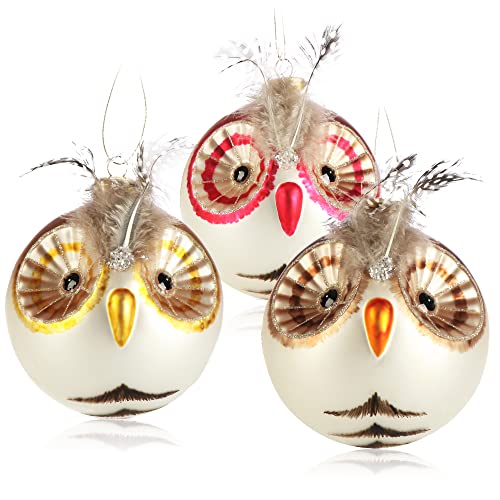com-four® 3X Premium Christbaumschmuck - Deko-Eule aus echtem Glas - besondere Baumkugeln als Weihnachtsdeko - spezielle Weihnachtsbaumanhänger (Eule - 3 Stück) von com-four