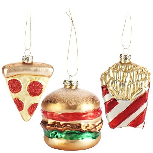 com-four® 3X Premium Christbaumschmuck - Fast-Food-Deko aus Glas - besondere Baumkugeln als Weihnachtsdeko - spezielle Weihnachtsbaumanhänger - Burger, Pommes, Pizza (3 Stück - Fast Food) von com-four