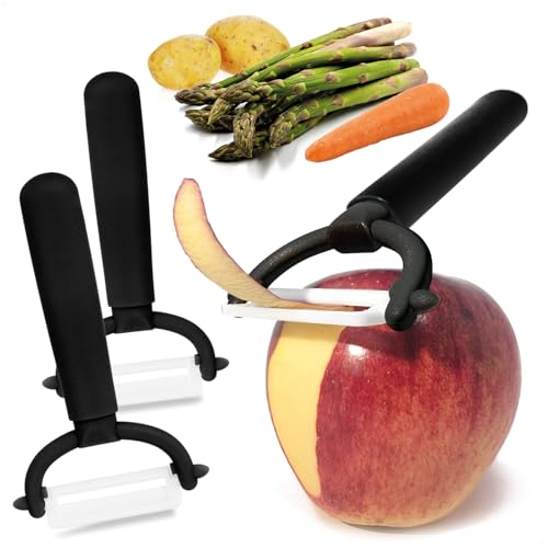 com-four® 3X Sparschäler mit Keramikklinge für Obst und Gemüse - besonders scharfer Universalschäler - rostfreier Peeler - Schäler mit Pendelklinge aus Keramik (3 Stück - schwarz) von com-four
