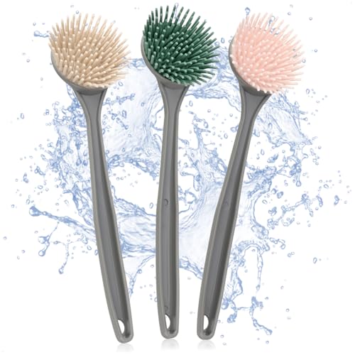 com-four® 3X Spülbürste - Küchenhelfer mit Silikonborsten - Abwaschbürste für Teller, Pfannen, Töpfe - Geschirrbürste mit langem Griff - Spülhilfe ohne Kratzer 28 cm [Auswahl variiert] von com-four