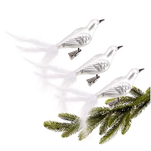 com-four® 3X Vogel auf Clip - glänzende Vögel mit Langen, weißen Schwanzfedern - Zierschmuck für die Wohnung - Raumdeko mit kleinen Pailletten von com-four