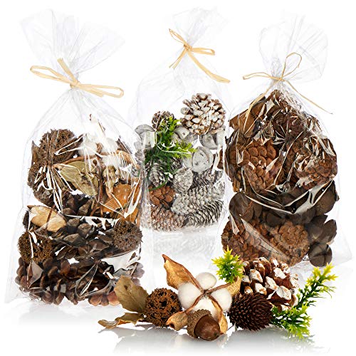 COM-FOUR® 3X Weihnachtsdekoration im Beutel mit Zapfen und Zweigen - Streudeko weihnachtlich - Bastel Set - Tischdeko - Adventskranz - Weihnachtsschmuck (3X Beutel: Zapfen braun/weiß. Zweige) von com-four