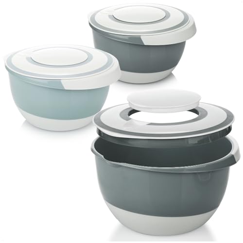 com-four® 3x 5 L Rührschüssel mit Deckel, Rühröffnung und Ausgießer - große Salatschüssel - Backschüssel mit Stoppboden - Schale mit Spritzschutzdeckel [Auswahl variiert] (3x 5L - Farbmix) von com-four