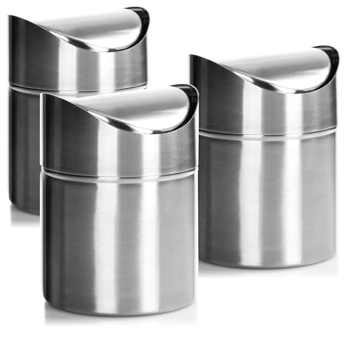 com-four® 3x Abfalleimer mit Schwingdeckel - eleganter Tischmülleimer aus Edelstahl - kompakter Kosmetikeimer fürs Bad - Küchenabfalleimer - Mini-Mülleimer (3x silberfarben - Edelstahl) von com-four
