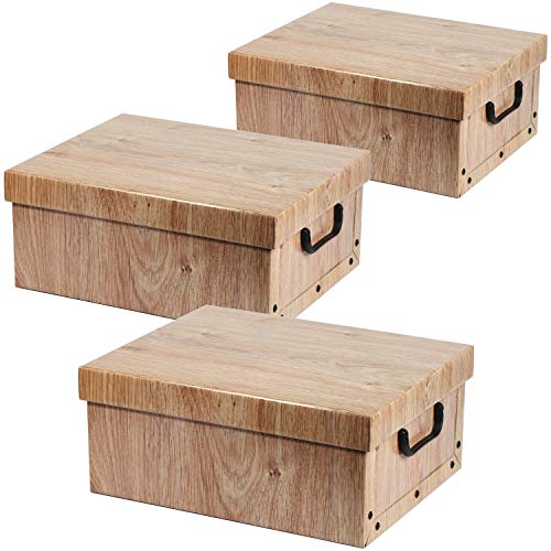 com-four® 3x Aufbewahrungsbox in Holzoptik - Dekokarton, Pappkarton, Kiste, Box mit Deckel und Griffen - zur Aufbewahrung von Unterlagen, Bastelzubehör, Weihnachtskugeln (03 Stück - Furnier) von com-four