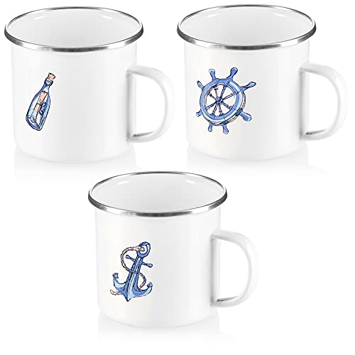 com-four® 3x Emaille-Becher - Trinkbecher aus emaliertem Edelstahl - Teepott - Kaffeetasse für Outdoor und Camping - 3-teiliges Becherset - spülmaschinengeeignet (weiß - maritim) von com-four