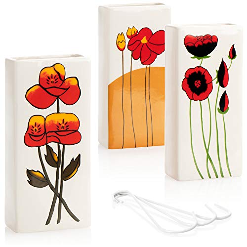 com-four® 3x Luftbefeuchter Heizung - Heizkörper Luftbefeuchter in creme-weiß - Heizung Wasserverdunster aus Keramik mit verschiedenen Blumenmotiven (weiß - rote Mohnblumen) von com-four