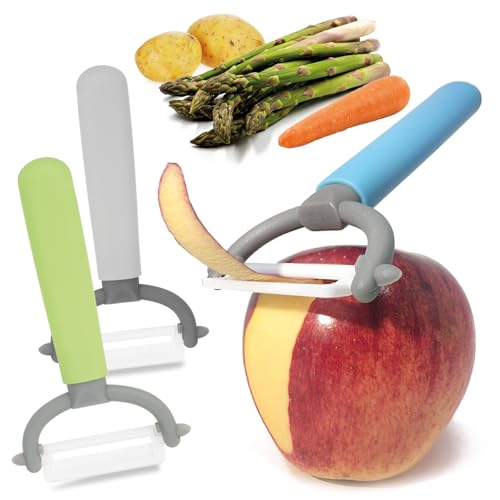 com-four® 3x Sparschäler mit Keramikklinge für Obst und Gemüse - besonders scharfer Universalschäler - rostfreier Peeler - Schäler mit Pendelklinge aus Keramik (3 Stück - grün. blau. grau) von com-four