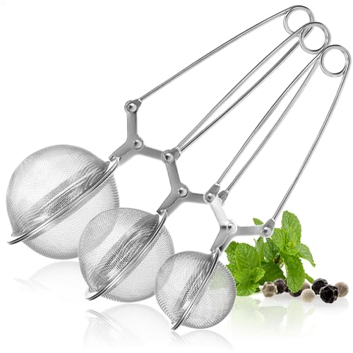 com-four® 3x Teezangen, Teeei in Kugelform aus rostfreiem Edelstahl 304, Teesiebe für losen Tee, Siebzange in 3 Größen für Teeliebhaber (03 Stück - Mix) von com-four