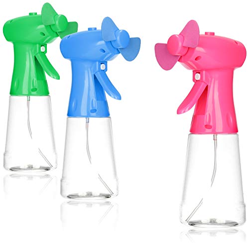 com-four® 3x Ventilator-Sprühflasche, kinderfreundlicher Sprühventilator, Wassersprüher zur Abkühlung im Sommer, Sprühnebel aus Mini-Handventilator [Auswahl variiert] (03 Stück) von com-four