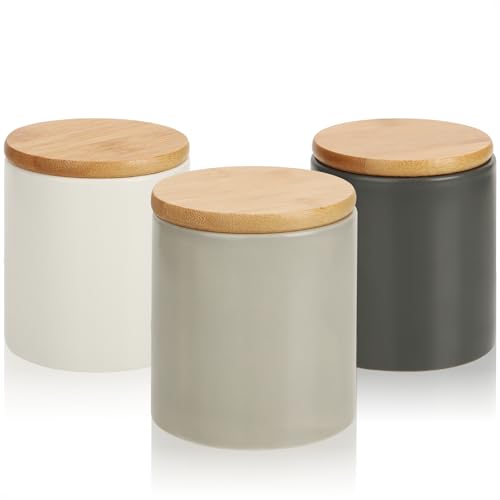 com-four® 3x Vorratsdose aus Keramik mit Bambus-Deckel - moderne Aufbewahrungsbehälter in 3 Farben - runde Keramikdosen für Küche, Bad, Esszimmer (grau - 08x09cm - 3 Stück) von com-four