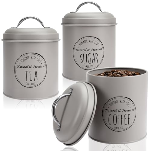 com-four® 3x Vorratsdosen im Vintage Design - Runde Metalldosen zur Aufbewahrung von Kaffee, Tee und Zucker - Dekoratives Küchen-Set mit Deckel - Kaffeedose (3x graualuminium) von com-four