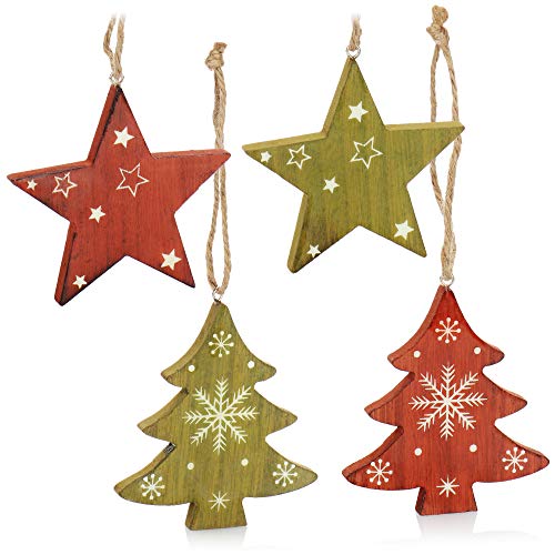 com-four® 4-teiliges Hängedekoration Set - Aufhänger aus Holz in Sternform und Tannenbaumform - Dekoration für Weihnachten [Auswahl variiert] (10cm) von com-four