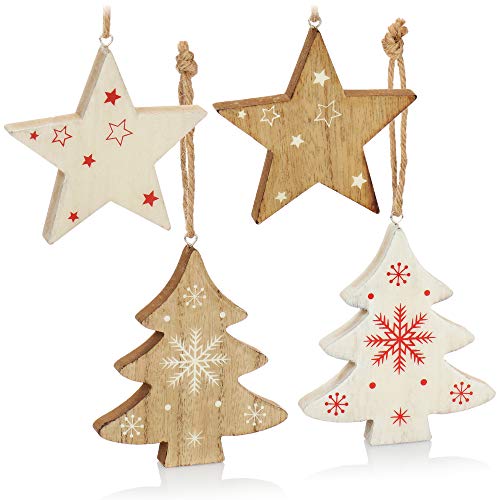 com-four® 4-teiliges Hängedekoration Set - Aufhänger aus Holz in Sternform und Tannenbaumform - Dekoration für Weihnachten [Auswahl variiert] (13cm) von com-four