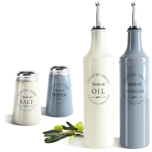 com-four® 4-teiliges Küchen-Set aus Glas - Öl- und Essigflasche mit Edelstahl-Ausgießer, Kläppchen, Belüftungsrohr - Salz- und Pfefferstreuer im Country-Landhausstil (4-teilig - Flaschen + Streuer) von com-four