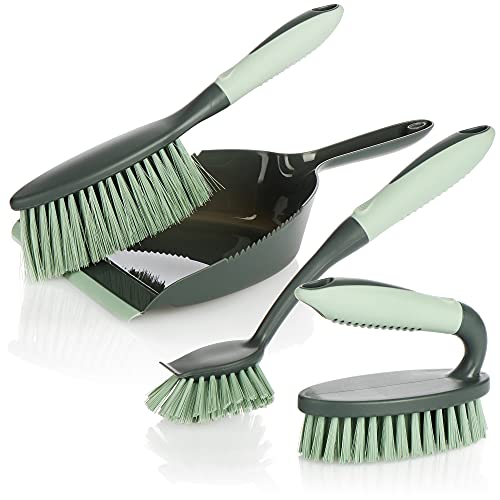 com-four® 4-teiliges Reinigungs-Set, Handfeger, Kehrschaufel, Handbürste und Spülbürste, perfektes Reinigungs-Starterset (grau-hellgrün) von com-four