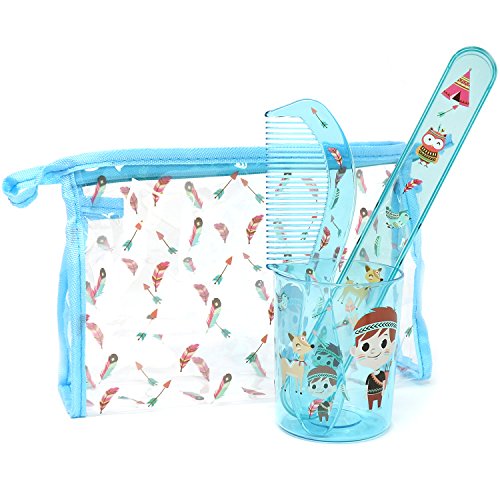 com-four® 4-teiliges Reiseset für Kinder - Zahnputzbecher, Zahnbürstenetui, Kamm und Reißverschlusstasche mit Indianer-Motiv - Hygienetasche mit Zubehör (04-teiliges Set - blau) von com-four