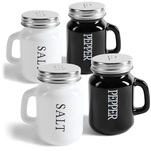 com-four® 4-teiliges Salz- und Pfefferstreuer-Set - Gewürzstreuer mit Schraubdeckel und Henkel - Gewürzglas in Bierkrug-Form mit Aufschrift - moderne Schüttler (4-teilig - Glas schwarz/weiß) von com-four