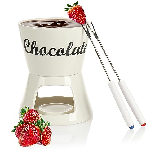 com-four® 4-teiliges Schokoladenfondue-Set - Keramikschale mit 2 Gabeln für 2 Personen mit Teelichthalter - Keramik-Fondue (weiß mit Schriftzug) von com-four