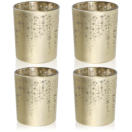 com-four® 4-teiliges Teelichthalterset - Windlichter goldfarben für Teelichter und kleine Stumpenkerzen - Teelichthalter mit Sternverzierung - Tischdeko (4X goldfarben) von com-four