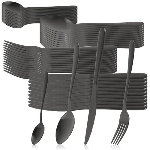 com-four® 48-teiliges Besteck-Set für 12 Personen - Essbesteck aus rostfreiem Stahl - dunkles Tafelbesteck mit Messer, Gabel, Löffel, Teelöffel - Menübesteck matt - Service Besteck (Set10-48-teilig) von com-four