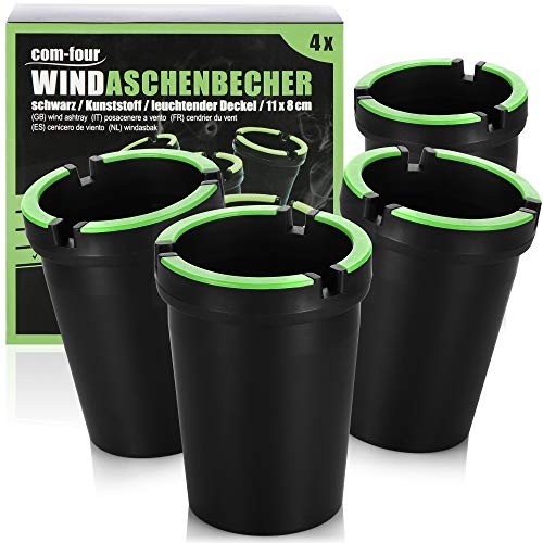 COM-FOUR® 4x Aschenbecher für draußen - Windaschenbecher - Sturmaschenbecher mit leuchtendem Deckel - Autoaschenbecher, Ø 8 cm (04 Stück - schwarz) von com-four
