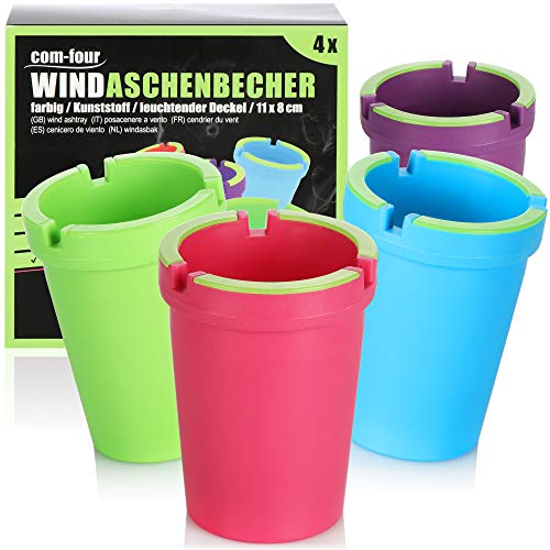 com-four® 4x Aschenbecher für draußen - Windaschenbecher - Sturmaschenbecher mit leuchtendem Deckel - Autoaschenbecher, Ø 8 cm (4 Stück - lila rot blau grün) von com-four