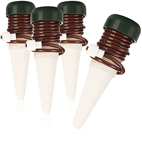 com-four® 4x Bewässerungskegel, Tonkegel mit Schlauch als Tropfsystem-Wasserspender im Urlaub, automatisches Bewässerungssystem für Zimmerpflanzen und Blumen (4 Stück - braun) von com-four