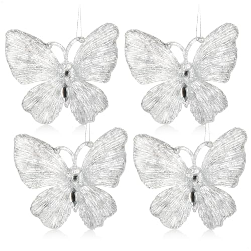 com-four® 4X Christbaumschmuck Deko Schmetterling - Weihnachtsschmetterling für Christbaumschmuck - Kunststoff Schmetterling zum Aufhängen (silberfarben - Schmetterling) von com-four