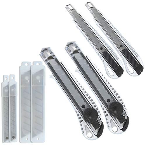com-four® 4x Cuttermesser mit Ersatzklingen - Teppichmesser mit Aluminiumgriff - Tapetenmesser in 2 Größen - Kartonmesser mit Abbrech-Klingen - scharfe Bastelmesser - Rigipsmesser (Alu - 4 Stück) von com-four