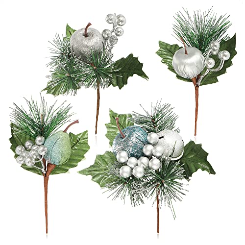 com-four® 4X Deko-Gesteck, dekorative Zweige als tolle Weihnachtsdekoration, schöner Raumschmuck, verschönert Geschenke auch für Kränze und Blumenarrangements DIY (grün - klein - mit Äpfeln) von com-four