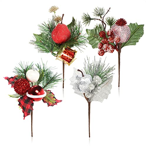 com-four® 4X Deko-Gesteck, dekorative Zweige als tolle Weihnachtsdekoration, schöner Raumschmuck, verschönert Geschenke auch für Kränze und Blumenarrangements DIY von com-four