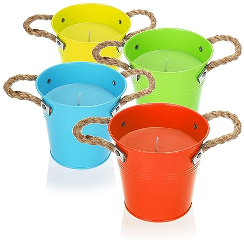 com-four® 4X Duftkerze im Metalleimer - windfeste Outdoorkerze - Gartenkerze für Balkon und Terrasse - XL Windlicht mit Zitronenduft (4 Stück - Windlicht) von com-four
